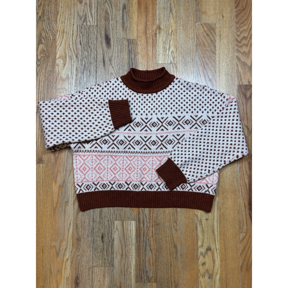 American Eagle Fair-Isle Mock Neck Long‎ Sleeve Sweater Sz XL Cream Brown Crop